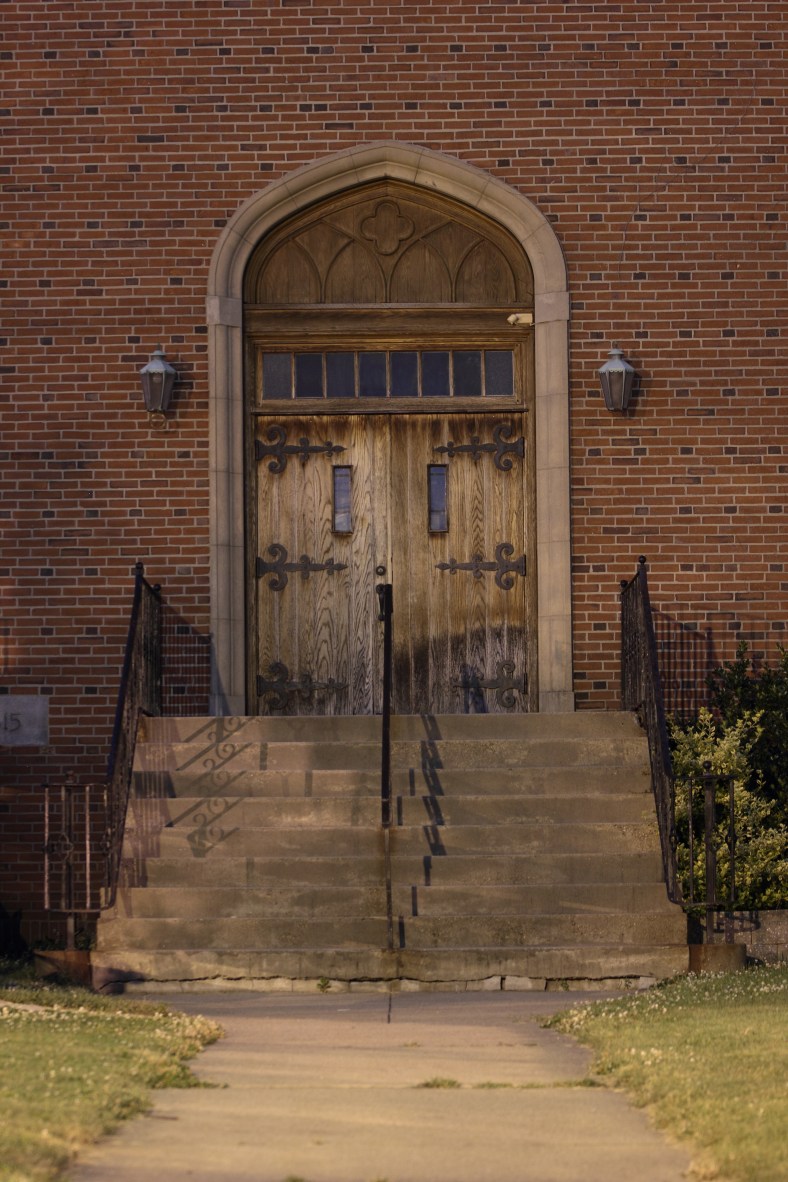 The door to the tower of Trinity Baptist Church on Massachusetts Avenue in East Arlington.June 21, 2012.