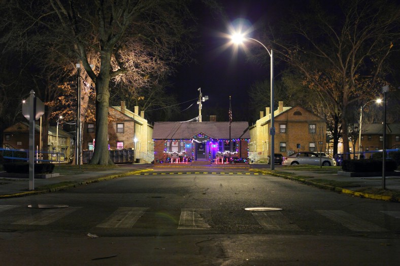 The management office of Menotomy Manor decorated with Christmas lights.December 23, 2012.