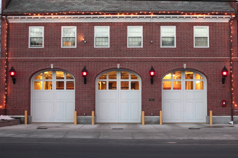 Highland Fire Station on Massachusetts Avenue outlined by a string of lights.January 5, 2013.