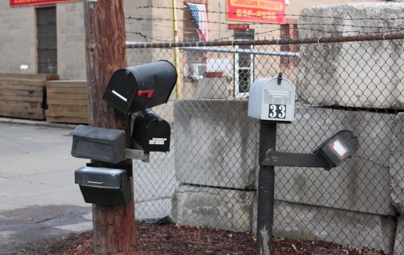 Mailboxes for businesses down "landscaper's lane," or as the street sign says, Ryder Street.January 14, 2013.