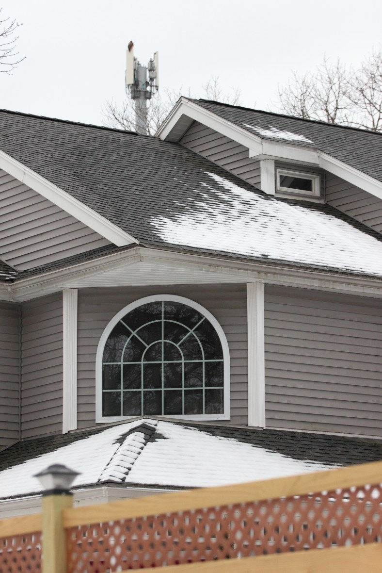 A Red Tailed Hawk perched on a cellular tower at the Arlington 360 site takes in the surrounding neighborhood, including homes on Woodside Lane.February 25, 2013.
