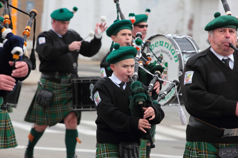 Hibernian pipes and drums of Manchester New Hampshire march in the Patriot's Day parade. April 14, 2013.
