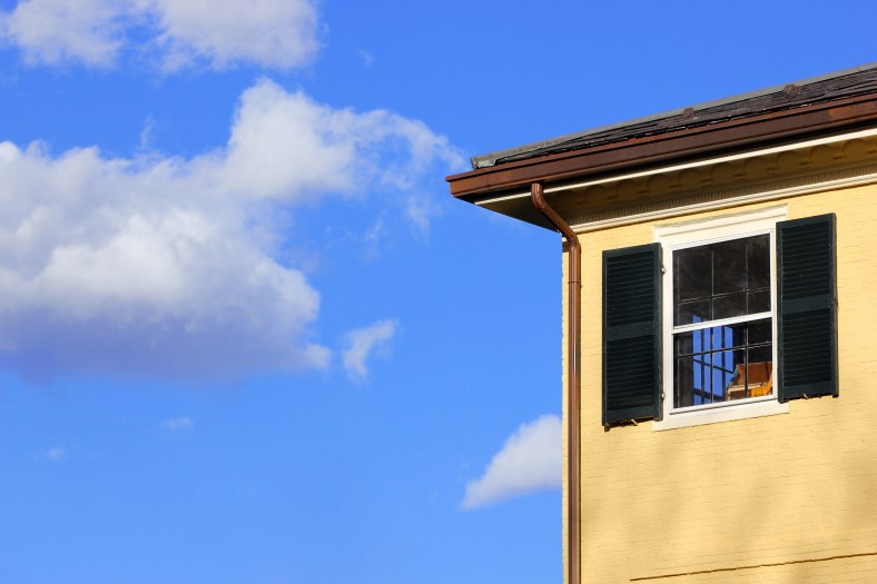 A corner room of the Whittemore-Robbins house against the blue sky.April 4, 2012.