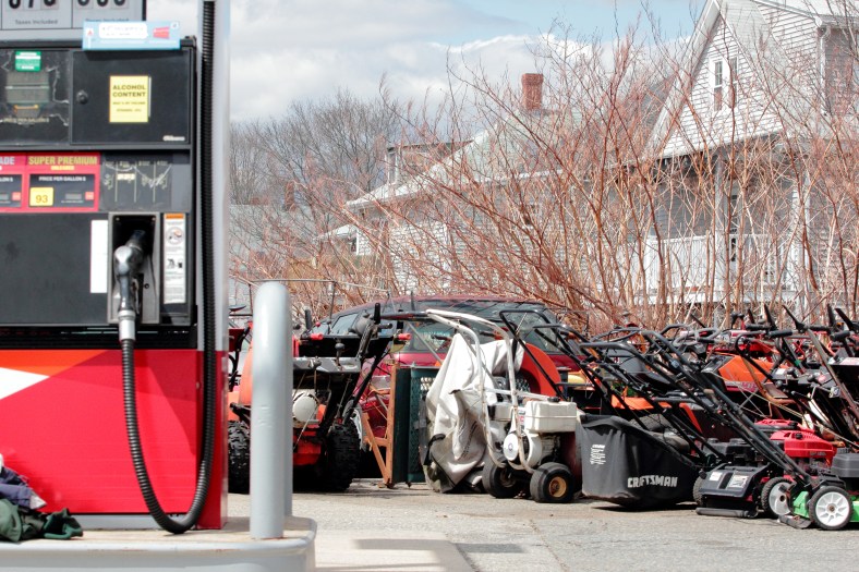 Lawn mowers and snow blowers in the lot of the Park Ave Citgo. April 14, 2013.
