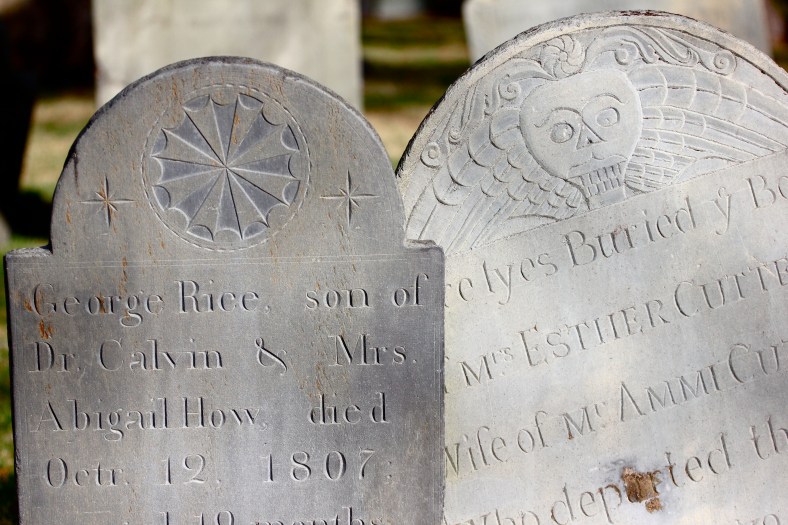 Carvings on headstones in the Old Burying Ground. April 4, 2012.