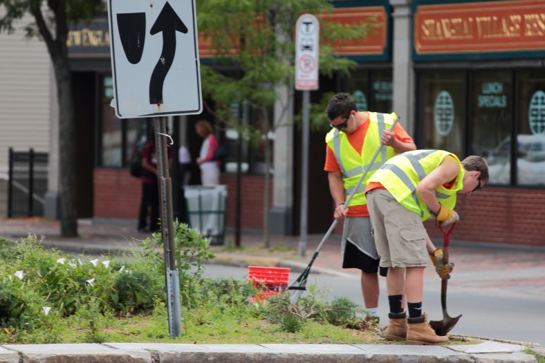 A crew works to tidy up a center island on Massachusetts Avenue. May 28, 2012.