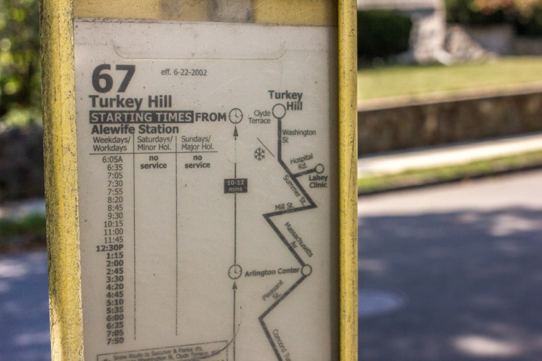 An MBTA route map showing the old Lahey Clinic stop at a bus stop on Washington Street. September 11, 2013.
