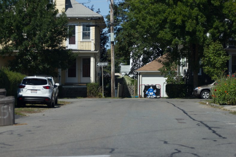 A street hockey goal with a practice goalie target in a driveway on Cleveland Street. September 17, 2013.