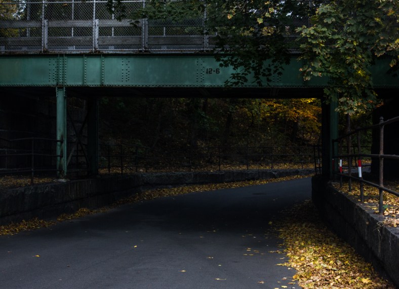 The old railroad bridge that now supports the Minuteman Bikeway over Forest Street. October 22, 2013.