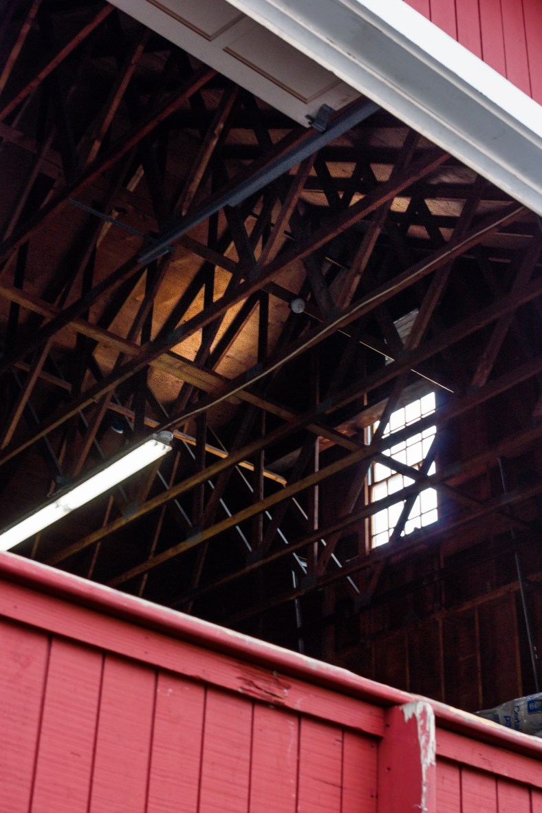 A view up into the rafters of the Union Hall (c. 1875) on Park Avenue which is now a storage space for Arlington Coal and Lumber. October 22, 2013.