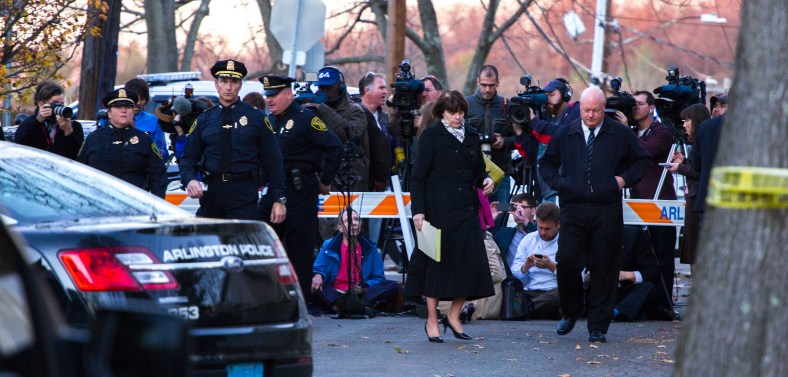 Chief of Police Frederick Ryan and Middlesex District Attorney Marian T. Ryan walk away from a crowd of reporters after giving a press conference about the tragedy on Newland Road. November 18, 2013.