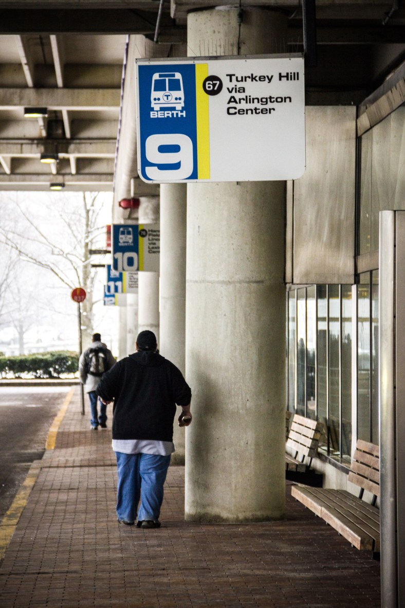 Berth 9 at Alewife Station, for the 67 bus to Turkey Hill via Arlington Center. February 3, 2014.