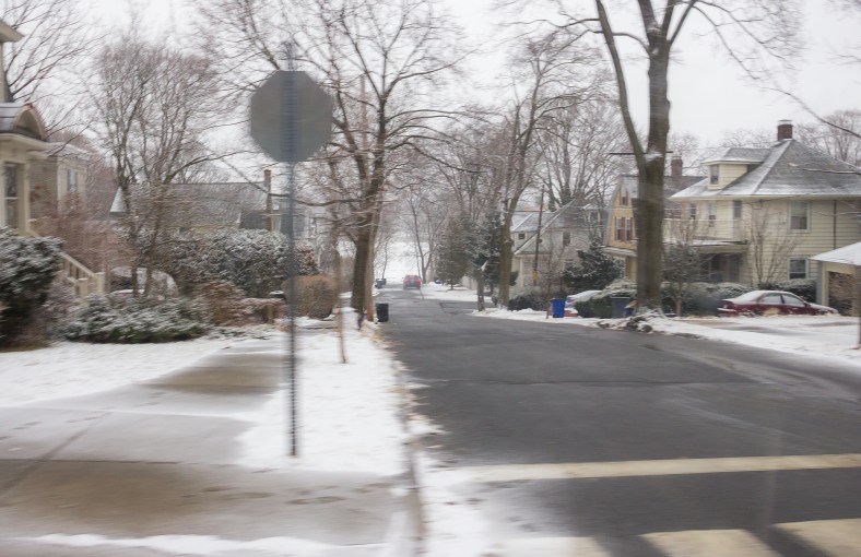 The vantage to Spy Pond down Gould Road. February 3, 2014.