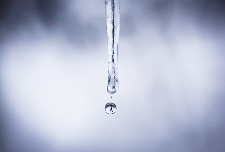A water droplet falls from an icicle during a short period between an afternoon flurry and a rain shower. February 19, 2014.