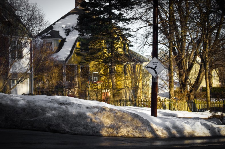 A sign warns drivers that a three-point turn is in their future if they venture to the right. February 22, 2014. SC