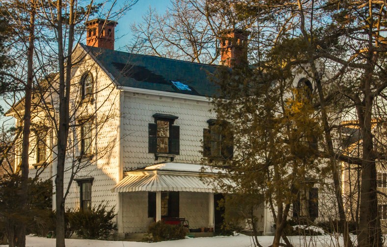 A home on Medford Street with interesting scale-like siding. February 22, 2014. SC