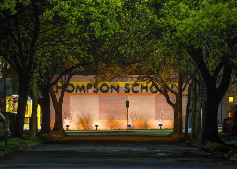 The nighttime view of the Thompson Elementary School down University Road. May 2, 2014.
