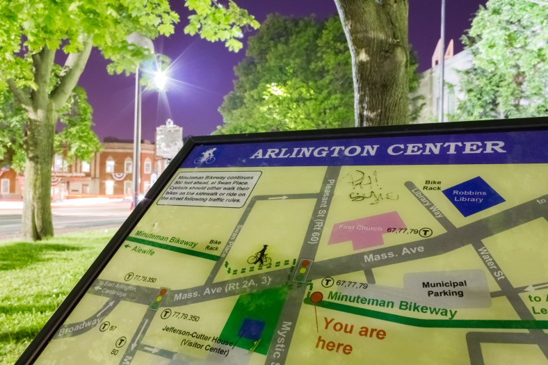 An information board along the Minuteman Bikeway at the Arlington Center crossing. June 1, 2014.