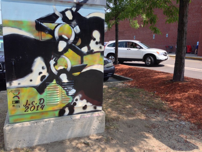 A painting of cows on a utility box next to Stop and Shop on Massachusetts Avenue. July 25, 2014.