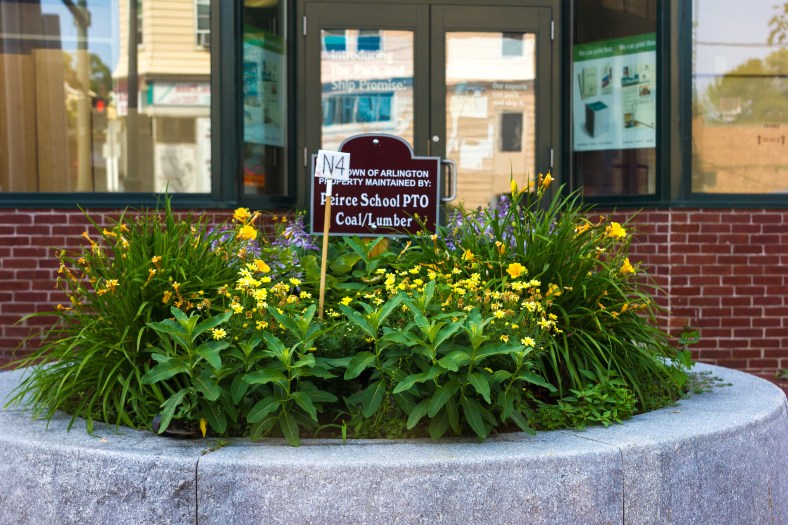 A large stone planter, apparently planter N4, on the corner of Massachusetts Avenue and Park Avenue. July 7, 2014.