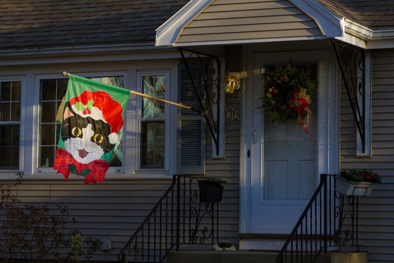 A feline themed Christmas flag outside a Charles Street home. December 26, 2014.