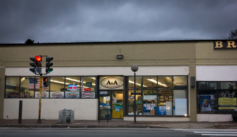 The A&A Delicatessen on Massachusetts Avenue under a threatening winter sky. January 03, 2015.