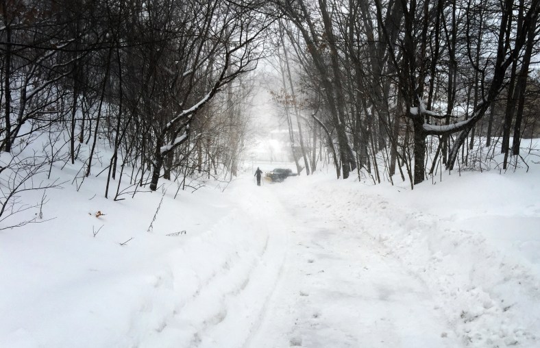 A plow turns up Washington Street right as a cross-country skier tries to turn onto Brattle Street. Both were fine. February 2, 2015.
