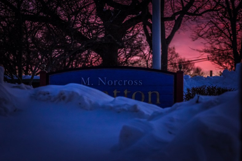 Snow piled high around the sign at the Stratton School. February 10, 2015.