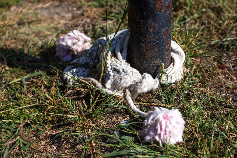 A knitted winter hat tied around a street sign on the corner of Orlando Avenue and Rchfield Road. September 11, 2013.