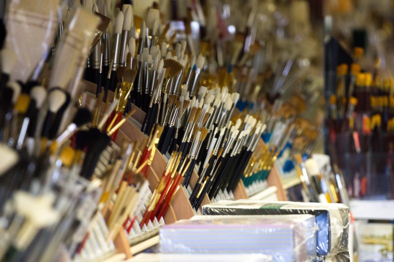 A wide selection of paint brushes at an Arlington Center arts and crafts store. June 27, 2014.