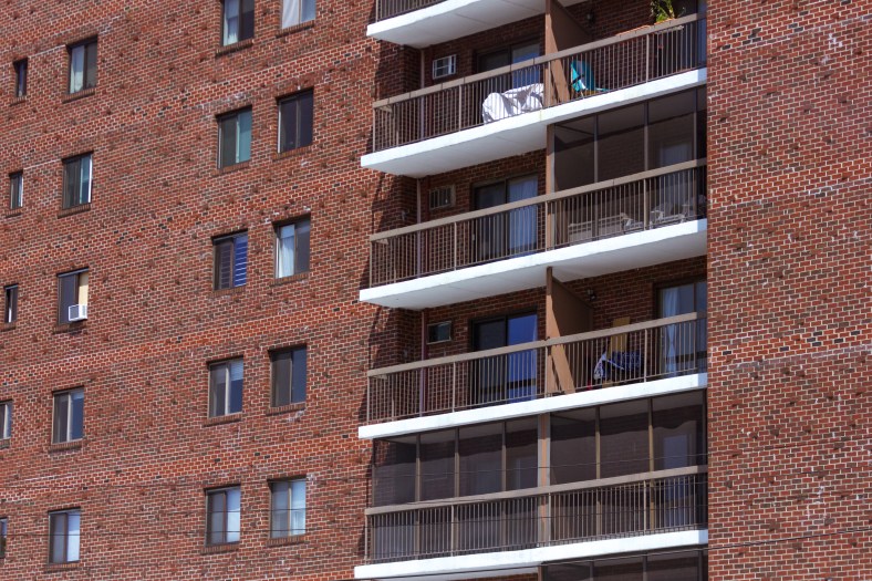 Balconies of the Mystic Tower Condominiums on Mystic Street. July 11, 2015.
