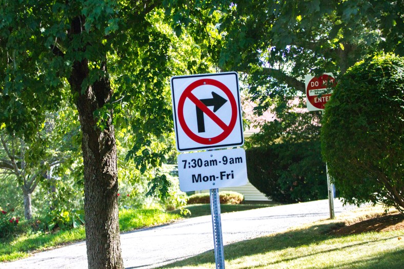 No right turns onto Mountain Avenue during school drop off times. August 05, 2015.