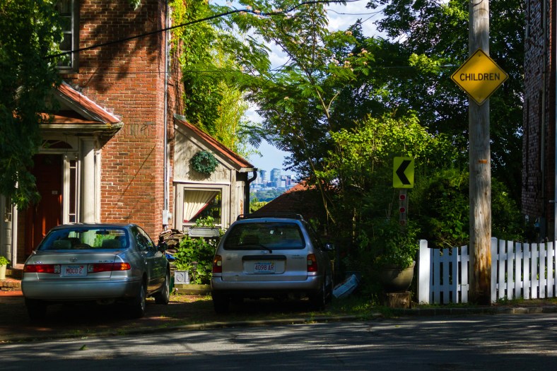 The buildings of Boston can be seen through a gap in the trees on Coolidge Road. August 05, 2015.