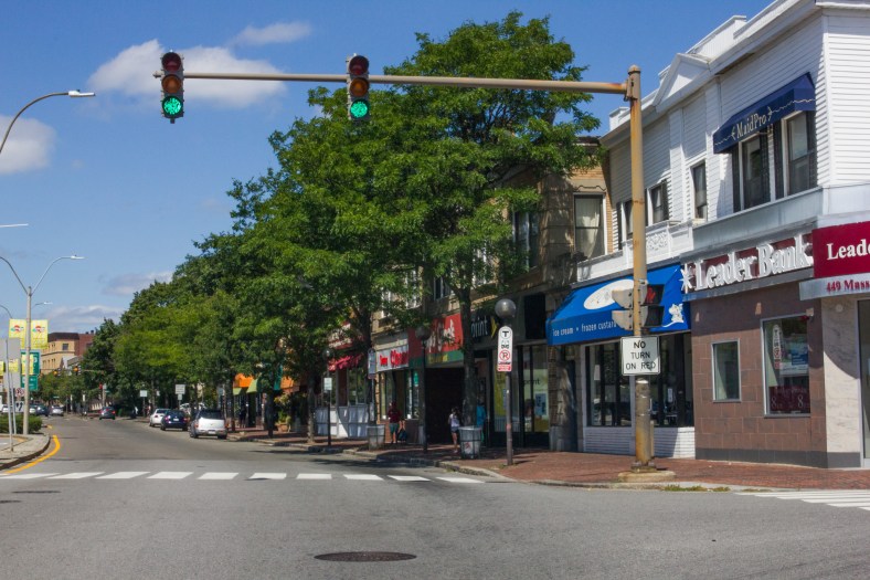 Businesses line Massachusetts Avenue in Arlington Center. August 14, 2013.