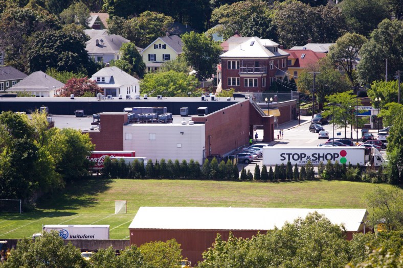 A large truck backs up in the Stop & Shop parking lot on Massachusetts Avenue. August 29, 2015.
