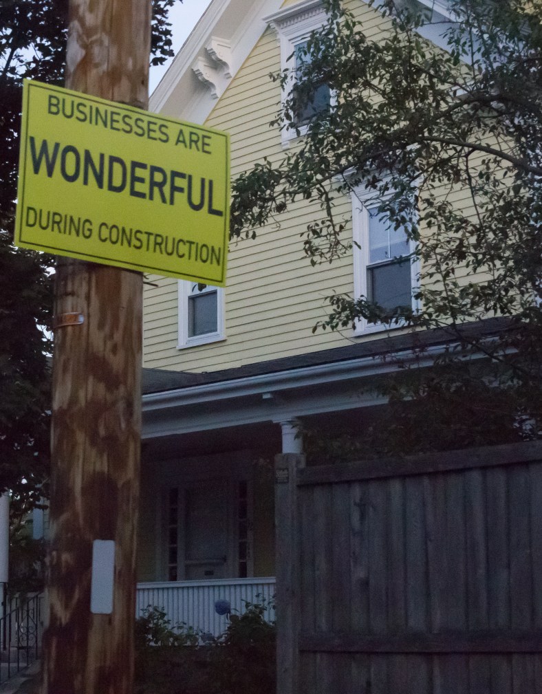 A sign promoting East Arlington businesses during the construction of the Mass Ave. corridor project. September 26, 2015.